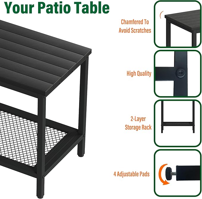 Outdoor Side Table with Storage, 2-Tier Patio End Tables Weather Resistant, Black Outdoor Accent Table,Small Side Table for Pool, Deck, Garden