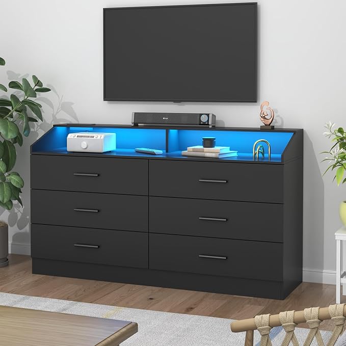 6 Drawer Dresser with Power Outlet, Chest of Drawers with LED Light, Modern Dresser with Open Storage Cubby, Double Wide Dressers Organizer for Bedroom, Living Room, Entryway, Hallway