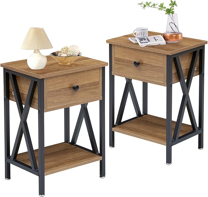 VECELO Nightstands Set of 2, Modern Bedside End Tables, Night Stands with Drawer and Storage Shelf for Living Room Bedroom, Industrial Metal Frame