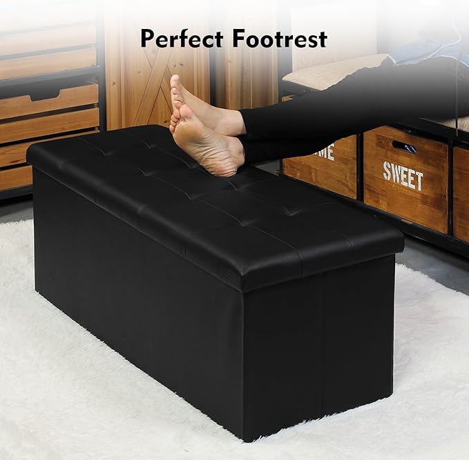 PINPLUS Folding Storage Ottoman Bench, Black Faux Leather Long Chest with Tray, Footrest Seat, Blanket Storage for Living Room Bedroom Office Hallway, 43.3"x15"x15"