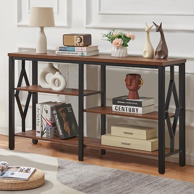 HOMBAZAAR Console Sofa Table, Rustic Entryway Table with Metal Frame and Open Shelves, Industrial Hallway Table with 3 Tier for Entry, Living Room, Foyer,Brown,47 inch