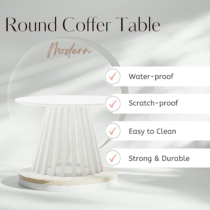 LukeAlon 24" Round Coffee Table, Mid Century Modern Wooden Center Table with Columnar Wood Strips Base Sofa Side Table Circle Tables for Living Room Small Space, White