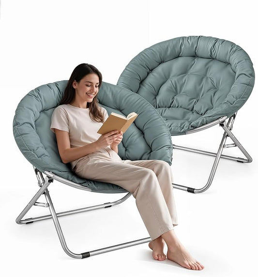 Athena Collection Comfy Saucer Chair, Folding Oversized Cozy Chair for Bedroom Living Room Fabric Reading Chair, Foldable Metal Frame Round Moon Chair for Adult Set of 2, Teal