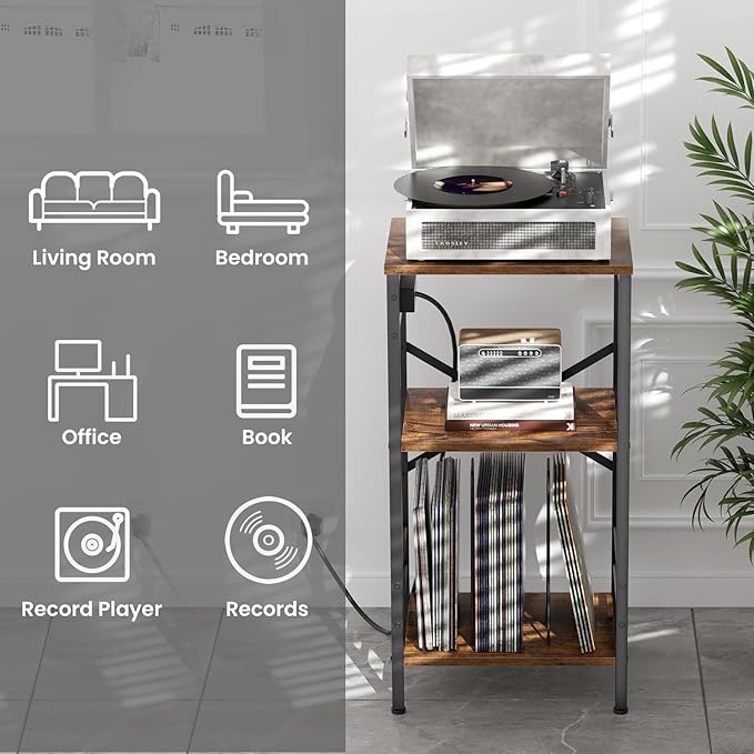 Record Player Stand with Charging Station, 3-Tier Side Table with LED Light, End Table Nightstand for Vinyl Storage, Tall Beside Tables Turntable Stand Living Room, Bedroom, Rustic Brown and Black