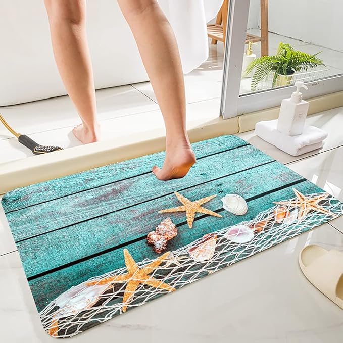Bath Rugs Sponge Foam Absorbent Soft for Bathroom and Kitchen (30 x18 inches), Flannel Mat Non Slip Bright 3D Print for Bedside and Living Room(Starfish on Blue Wooden Board)