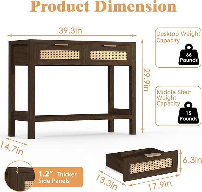 Rattan Console Table for Entryway, Boho Narrow Sofa Tables with Storage Shelf and 2 Drawers for Behind Couch Living Room, Hallway, Entrance, Brown Wood