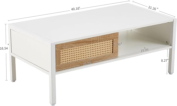 IANIYA 40.16" Boho Coffee Table, Rectangle Wooden Accent Center Tables, Living Room Table with Sliding PE Rattan & Solid Metal Legs for Living Room, Apartment Small Space (White Metal)