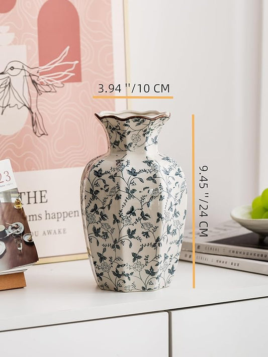 Blue and White Vase, Vintage Blue Ceramic Flower Vessel,Ceramic vases for Home Decor,Vintage Green and Beige for Console Table Mantle Chinoiserie Decor (Retro-01, Large)