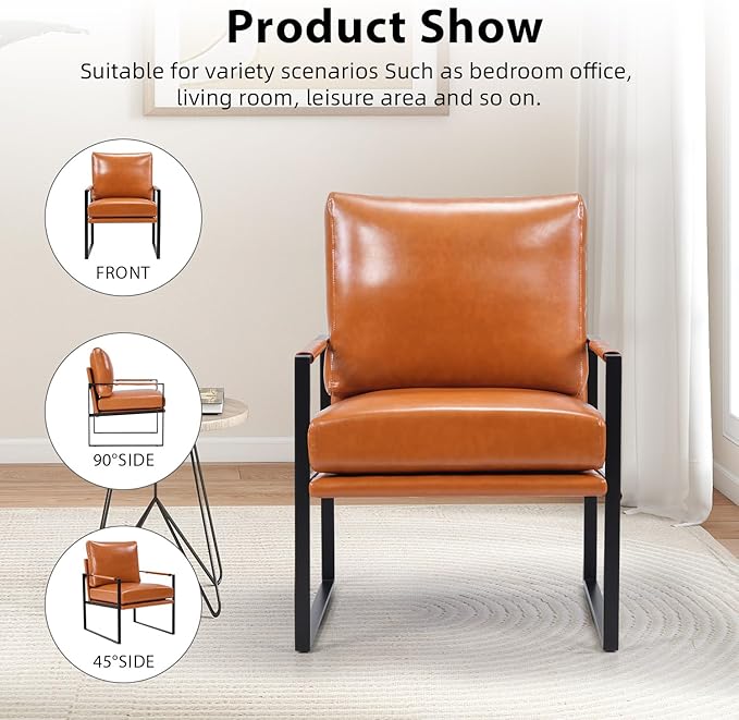 INZOY Mid Century Modern Accent Chair with Removable Cushions Set of 4, Comfy PU Leather Living Room Chairs with Thicker Backrest and Cushion, Metal Frame Design, Brown