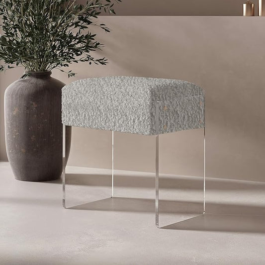 Soft Fluffy Stool, Modern Acrylic Footstool with Upholstered Seat, Fluffy Stool for Living Room Bedroom (Grey)