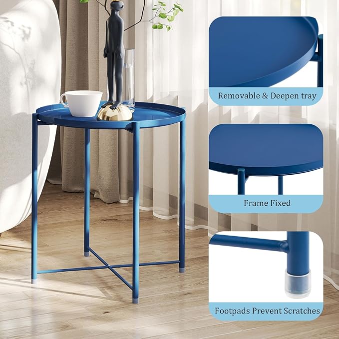 HollyHOME Round Metal Side Table, Outdoor Small Folding Accent Stand with Removable Tray, 17.72'' Portable End Table for Balconies, Gardens, Living Rooms and Bedrooms, Navy Blue