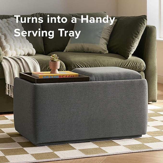 mopio Levi Storage Bench with Reversible Tray, Modern Storage Coffee Table, Bedroom Bench, Rectangular Cube Upholstered Coffee Table Ottoman for Living Room, Bedroom, Entryway (Fabric, Dark Gray)