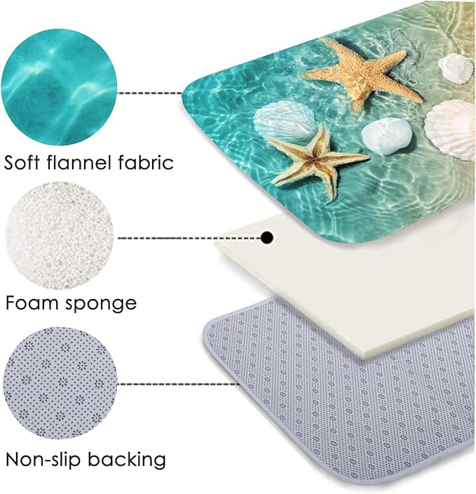 Bath Rugs Sponge Foam Absorbent Soft for Bathroom and Kitchen (30 x17 inches), Flannel Mat Non Slip Bright 3D Print for Bedside and Living Room(Scallop Starfish)
