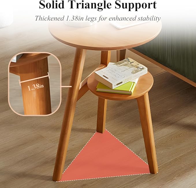 Side Table, 2-Tier Round End Tables Living Room, Mid Century Modern Side Table, Round Nightstand, Oak Accent Table, Small Round Coffee Table, 16.54" Dia.x 23.62" H(Natural)