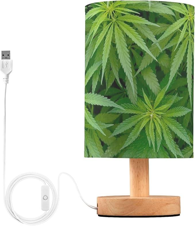 Table Lamp Green Marijuana Leaf Cannabis Weed Plant Leaves Nightstand Lamp with Wood Base Fabric Lamp Shade Bedside Desk Lamp for Living Room Bedroom Kids Room Office