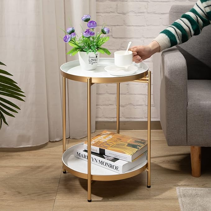 HollyHOME 2-Tier Round Gold Side Table, Outdoor Small Folding Accent Stand with Removable Tray, Anti-Rust Metal Asional Table for Balcony Patio Living Room, Nightstand for Bedroom(Gold&White)