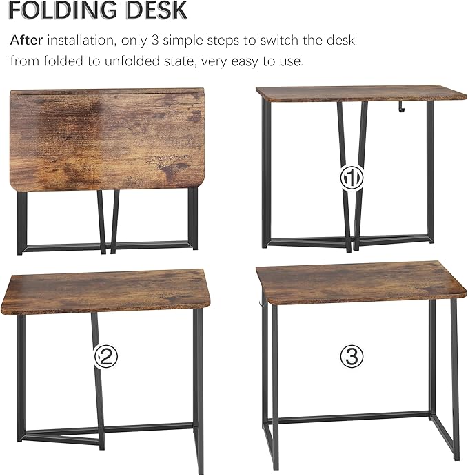 4NM 31.5" Small Folding Desk, Foldable Computer Home Office Desk, Study Writing Table for Small Space Saving Bedroom, Easy Assembly - Rustic Brown and Black