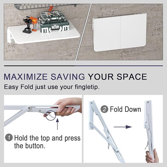 TEAMIX Wall Mounted Folding Table, White Floating Desk for Small Spaces Laundry Shelf with Heavy Duty Brackets Floating Desk for Garage, Utility Room, Kitchen, Laundry Room