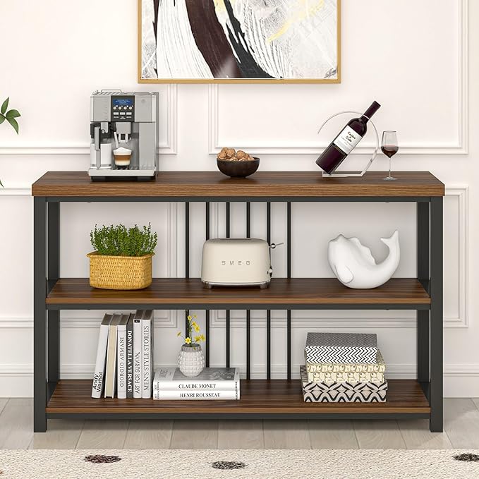 FOLUBAN Console Table for Entryway, Narrow Sofa Table with 3 Tier Storage Shelf for Living Room Hallway Behind Couch, Rustic Walnut