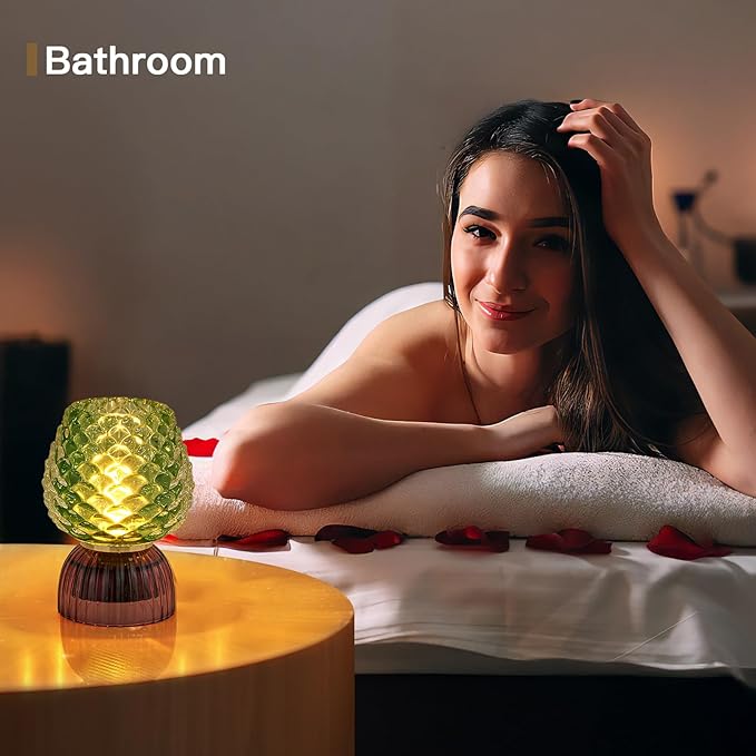 Battery Operated Lamp with Timer, Cute Small Cordless Glass Table Lamp for Home Decor, Kitchen, Bathroom, Birthday Gift for Women, Pinecone, Green