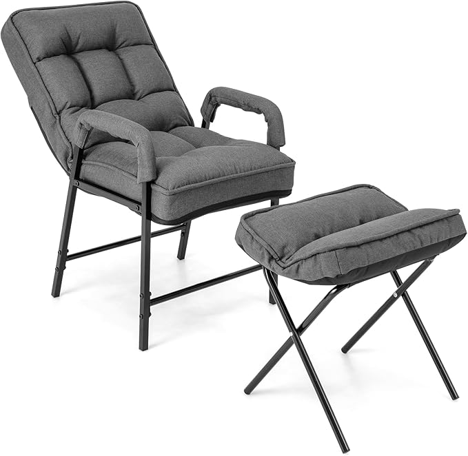 Giantex Modern Accent Chair with Ottoman, Upholstered Arm Chair with Adjustable Backrest & Solid Metal Frame, Linen Fabric Single Sofa Chair and Footrest Set for Bedroom, Living Room (Grey)