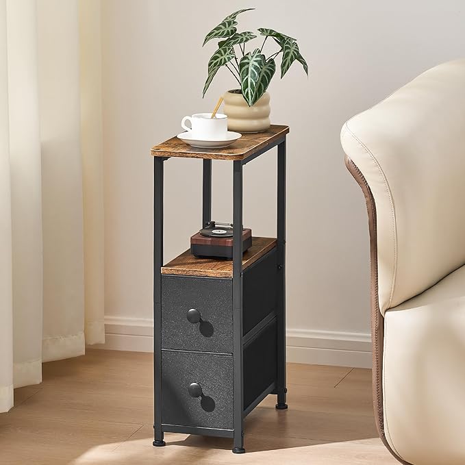 End Table, Narrow Side Table with 2 Fabric Drawers, Slim Nightstand, Small Bedside Table with Storage, Living Room, Bedroom, Rustic Brown HKET1200BR