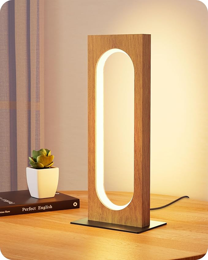 EDISHINE LED Table Lamp, Wooden Bedside Lamp with 3 Color Temperatures & Dimmable, Touch Control Square Nightstand Lamp for Bedroom Living Room, Memory Function, Dark Pearwood Color