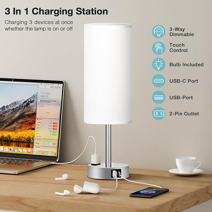 Fenmzee White Touch Bedroom Table Lamp - 3 Way Dimmable Bedside Lamp USB C A Charging Ports and AC Outlet, Small Lamp Nightstand with Silver Base for Living Room, Office Desk, LED Bulb Included