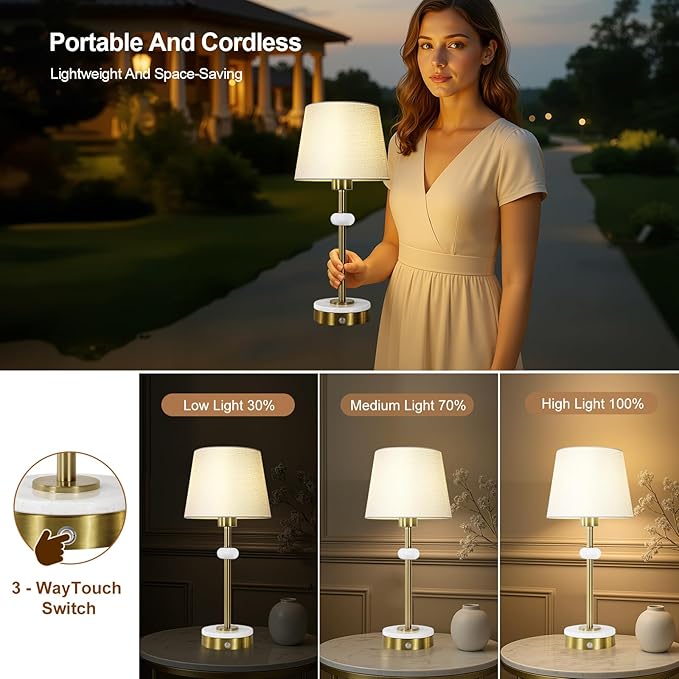 Gold Rechargeable Lamp, Table Lamps Set of 2, Cordless Lamp with Linen Shade, Marble Base, Touch Switch, 4400mAh Battery Operated Light for Desk Dinner Office Home Decor (Bulb Included)