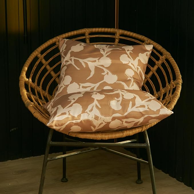 Mantle & Mason Floral Outdoor Pillows Waterproof for Patio Furniture 18x18 Set of 2 Tan Decorative Pillow Covers for Couch Porch Chair Bench Reversable Chinoiserie Home Decor Pillow Cases