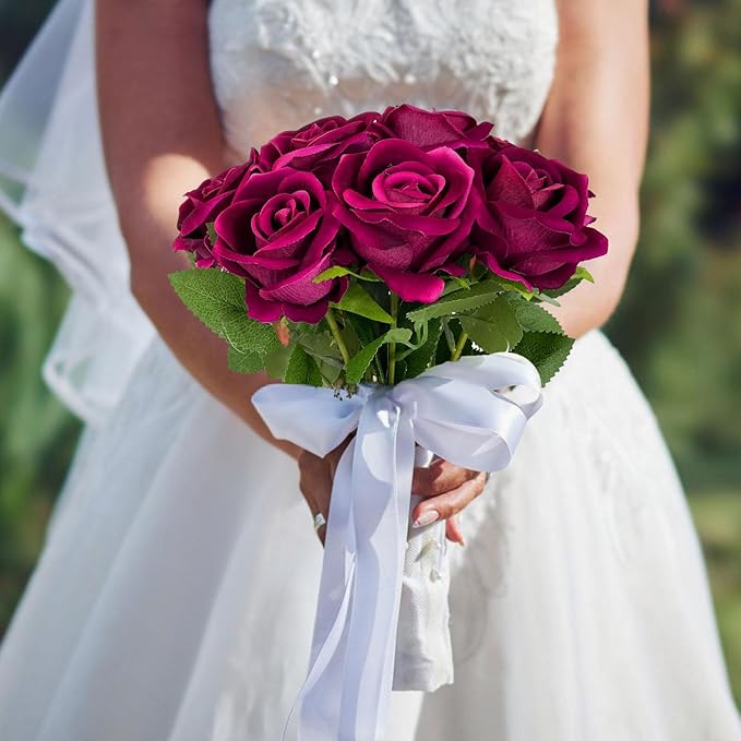 10 PCS Artificial Roses with Long Stems Silk Flowers Realistic Foam Flowers Fake Roses for Valentine's Day Home Wedding Halloween Decor(Rose Red)