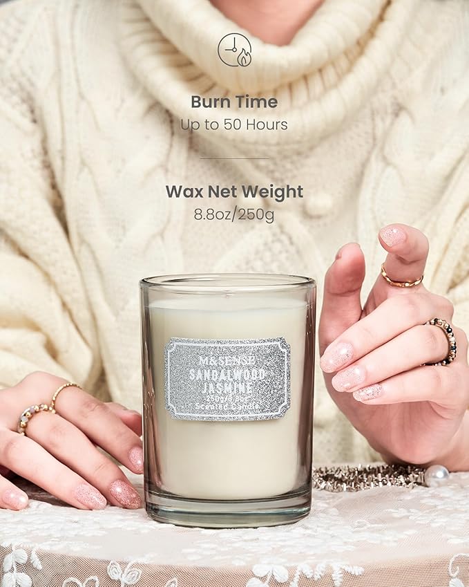 M&SENSE Sandalwood Jasmine Scented Candles, Classic Size 8.8 oz Glitter Jar, Holiday Natural Candles Gifts for Women, 50 Hours Long Burning for Winter Home Decor