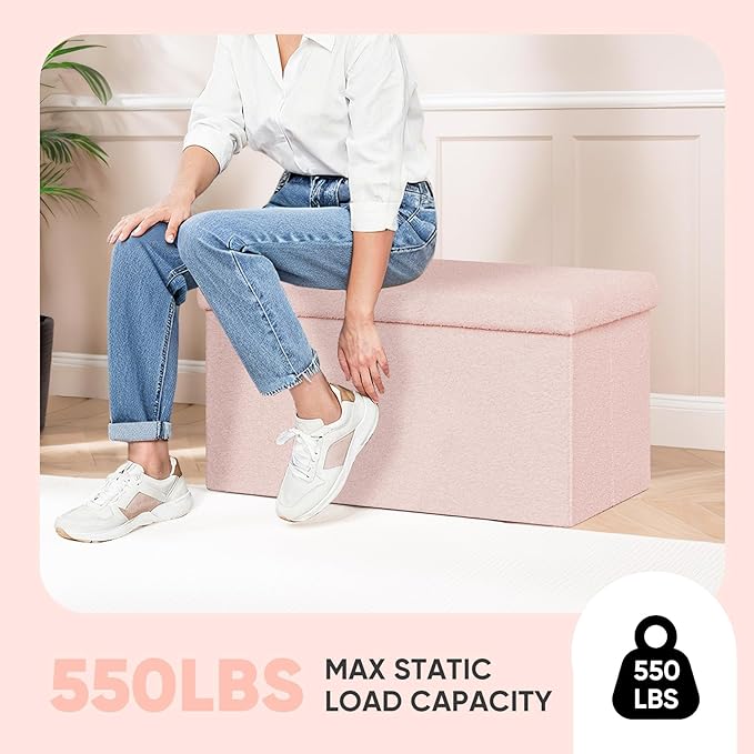 PINPLUS Folding Storage Ottoman Bench, Sherpa Ottoman with Storage, Large Long Shoes Bench Chest with Lid, Footrest for Living Room, Entryway, Pink 30'' x 15'' x 15''