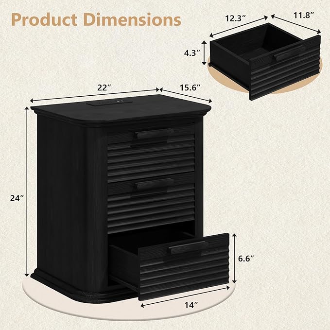 22'' Fluted Nightstand with Charging Station Set of 2, Modern End Table w/ 3 Drawers and Storage, Wood Night Stand with Round Corner, Side Table Dresser for Bedroom, Living Room, Curved Profile,Black