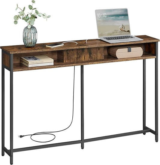 VASAGLE 55.1-Inch Console Table with Outlet and Shelves, Sofa Table with Charging Station, Behind Couch Table Skinny, Entryway Table for Hallway, Living Room, Rustic Brown and Ink Black ULNT120K01