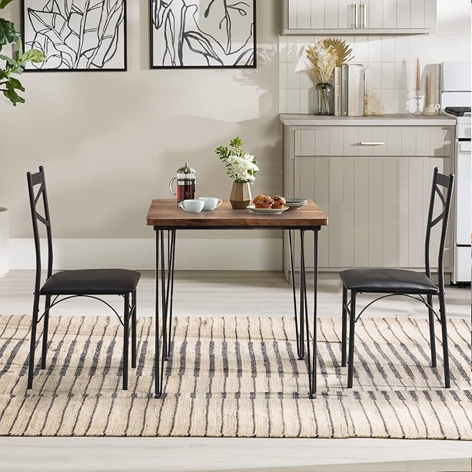 VECELO 3 Piece Dining Table Set for 2, Kitchen Table Set with 2 Chairs for Small Space, Space-Saving and Modern Design, Apartment, Easy to Assemble,Classic Brown