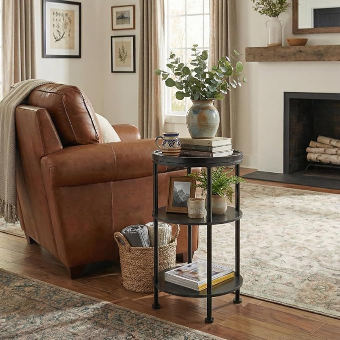 Small Round Side Table with Tray Top, 3-Tier Black End Table for Living Room & Bedroom, Modern Metal Nightstand with Storage Shelf, 11.8" Narrow Accent Table for Small Spaces, Balcony, Classic Black