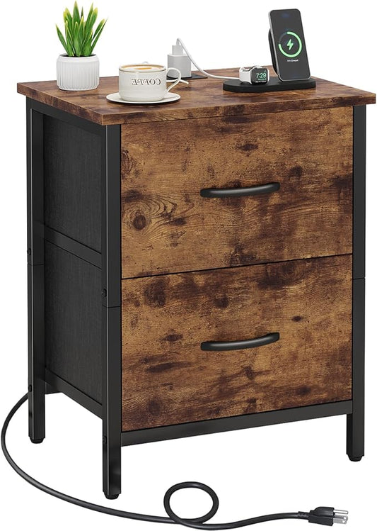 Vagusicc Nightstand with Charging Station, Bedside Table with USB Ports and Outlet, End Table Side Table with 2 Fabric Drawers for Bedroom, Living Room, Rustic Brown