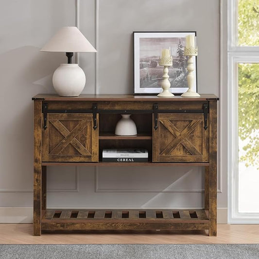 Entryway Table with Sliding Barn Doors, 43" Farmhouse Console Table with Storage Shelf, Behind Couch Sofa for Hallway, Entryway, Foyer, Brown