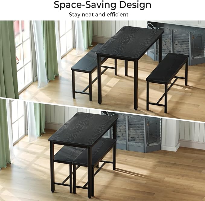 Tatub Dining Table Set for 4, 3-Piece Kitchen Table with 2 Benches, Space-Saving Dining Room Set for Breakfast Nook and Small Spaces, Black