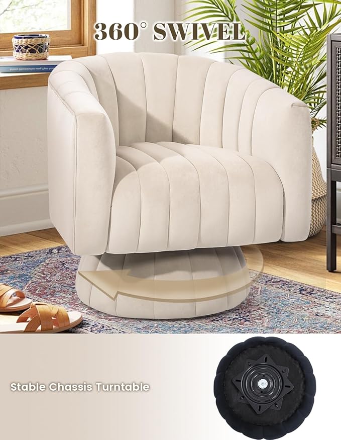 Kromax Swivel Accent Chair with Armrest, Set of 2, Mid Century 360 Degree Swivel Barrel Chair Overstuffed Tufted Velvet, Ideal for Living Room, Bedroom, Reading Room, Beige