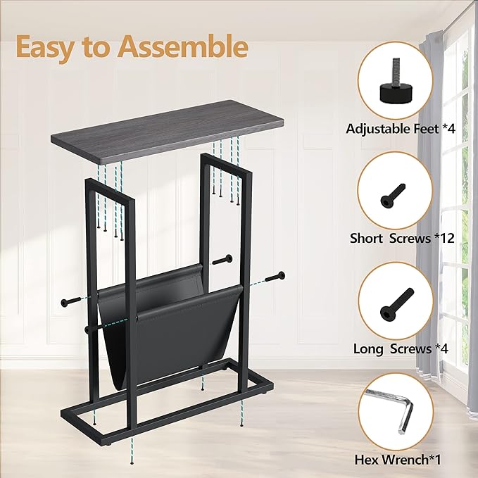 Yusong Small Narrow Side Table for Small Spaces, 17.7" W Slim End Table Magazine Table Nightstand with Storage Holder, Accent Skinny Snack Couch Bedside Table, Grey, Complete Iron Pipes