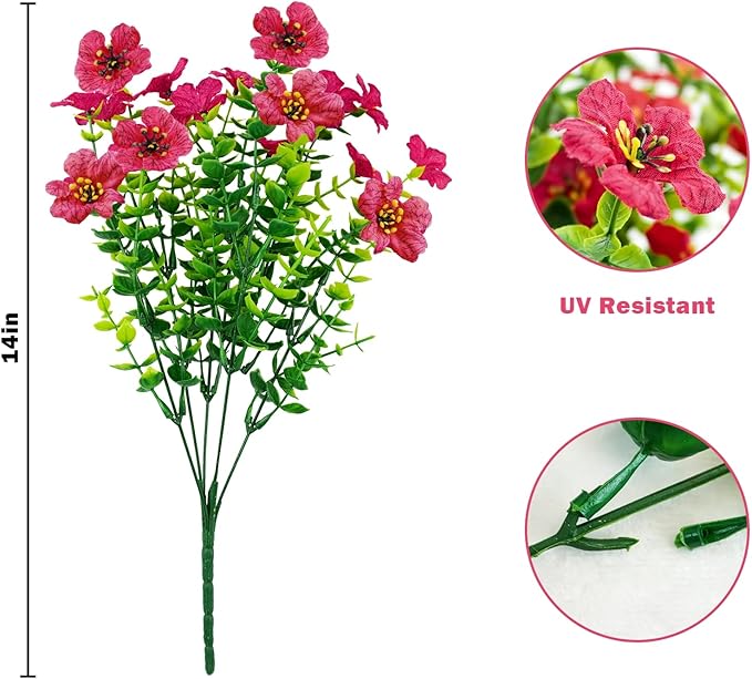 Agusbagli 10 Bundles Artificial Flowers Outdoor UV Resistant Fake Flowers No Fade Faux Plastic Greenery Shrub Plants for Wedding Home Garden Window Box Fireplace Thanksgiving Christmas Decor, Rose Red