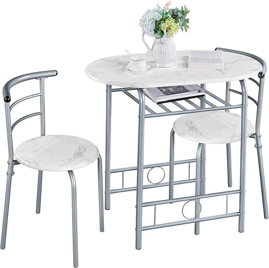 Yaheetech 3-Piece Dining Table Set, Breakfast Bistro Table Set for 2, Small Kitchen and Table Chairs Set of 2 with Metal Frame and Storage Rack for Small Space/Apartment/Dorm Room, White