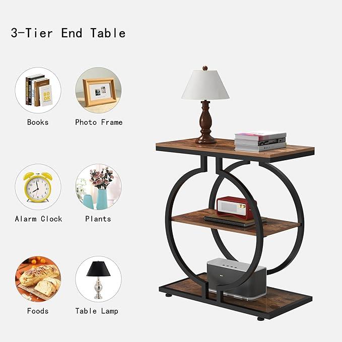 GiftGo Narrow End Table with O-Shaped Geometric Base Vintage Industrial Sofa Chair Side Table for Living Room Slim Nightstand for Bedroom Stylish Beside Table with 3 Storage Shelves (1, Rustic Brown)