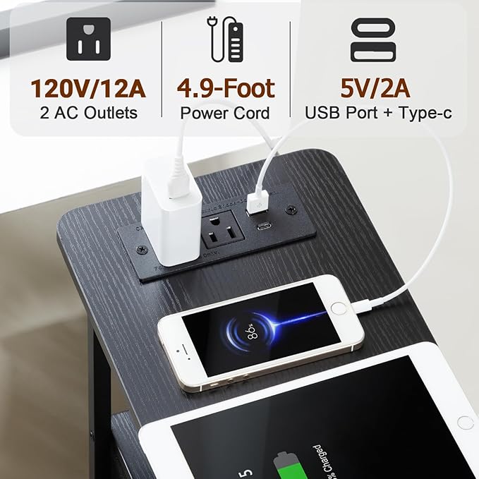 Narrow Nightstand with Charging Station, End Tables Living Room Set of 2, Skinny Side Table with Fabric Drawers, Slim Sofa Table for Bedroom, Small Spaces, Couch, Black, HETNDP02BK
