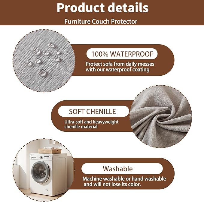 100% Waterproof Couch Cover for Pets Washable Sofa Covers for 3-4 Cushion Couch Sofa SlipCover for Dogs Pet-Friendly Furniture Protector for Living Room with Tassel(71" x 118", Light Gray)
