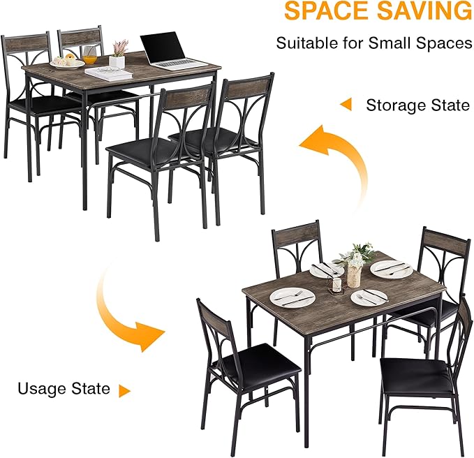 VECELO 5-Piece Dining Table Set for Home Kitchen Small Space Breakfast Nook, 4 Faux Leather Metal Frame Chairs,Rustic Brown,Set for 4