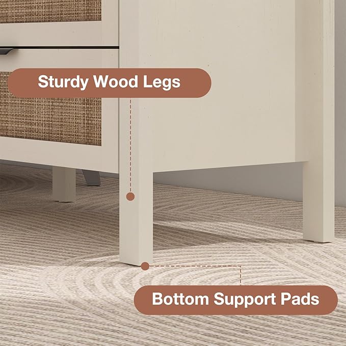 HOMMPA Nightstand with Charging Station, Rattan Night Stand with Drawer, Boho Bedside Table with USB and Type-C Ports, Large Side Table End Table for Bedroom, Living Room, Small Space, Cream