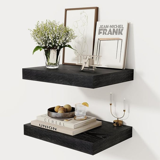 12 Inch Deep Black Floating Shelves, 16 x 12 Floating Shelf for Books, Rustic Wood Deep Wall Shelves for Home Storage & Display, 2" Thicked Shelves for Kitchen, Living Room, Bedroom, 2 Pack